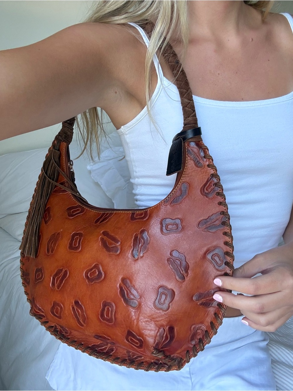 vintage real leather western style hobo bag shoulder